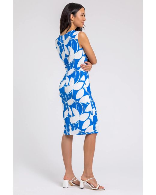 Roman Blue Leaf Print Twist Detail Shift Dress