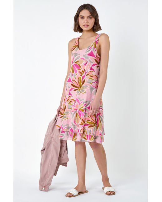 Roman Pink Floral Print Cotton Layered Dress