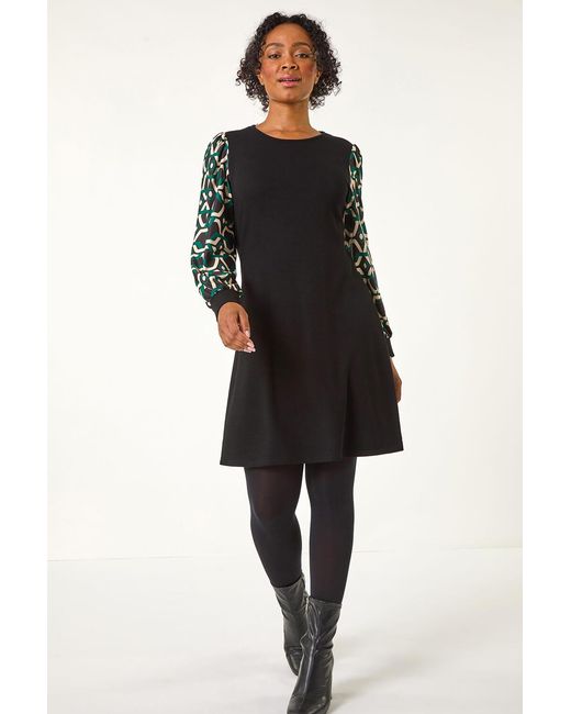 Roman Petite Black Geometric Sleeve Shift Dress
