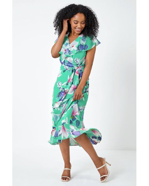 Roman Petite Blue Floral Frill Hem Chiffon Dress