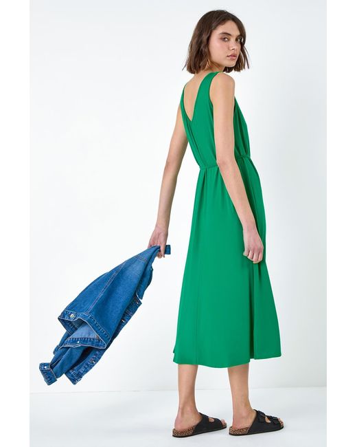 Roman Green Gathered Tie Detail Stretch Midi Dress