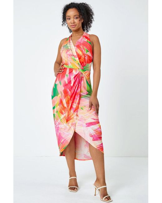 Roman Petite Red Tropical Wrap Ruched Wrap Maxi Dress