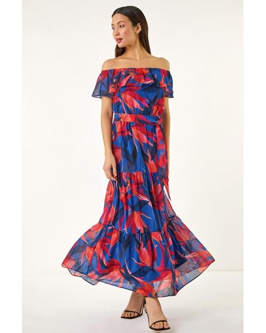 Roman Red Floral Print Bardot Belted Maxi Dress