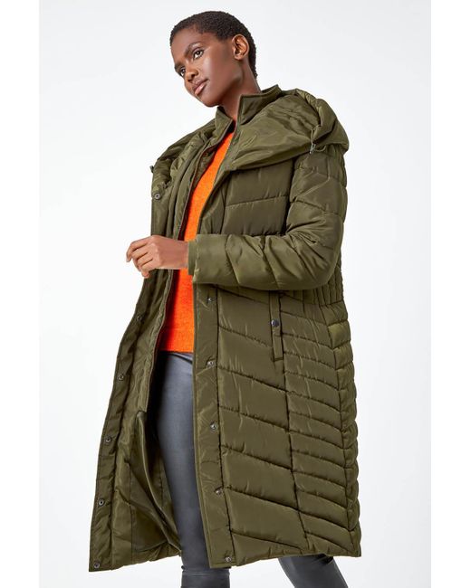 Roman Hooded Quilted Longline Coat in Green Lyst UK