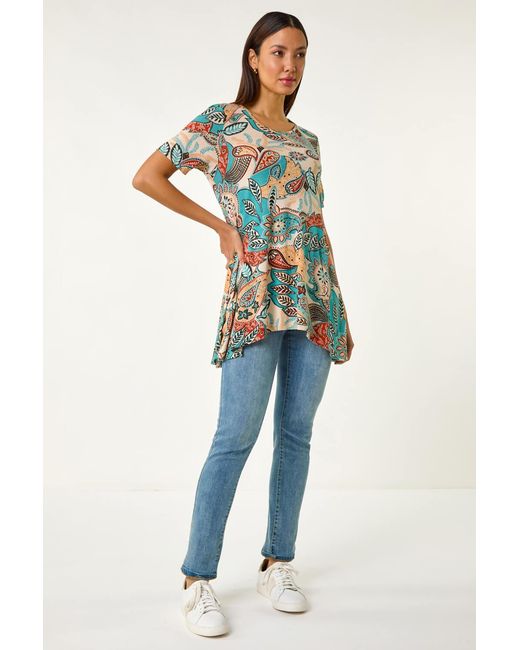 Roman Blue Floral Print Hanky Hem Tunic Top