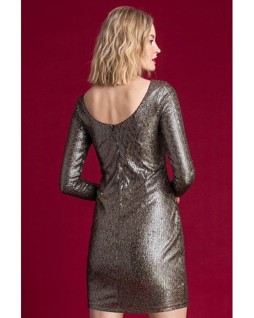 Roman Metallic High Neck Long Sleeve Sequin Dress