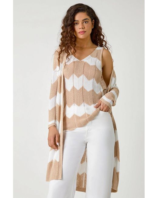 Roman White Chevron Stripe Shimmer Longline Cardigan