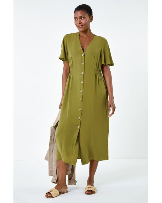 Roman Green Button Through Shirred Midi Dress