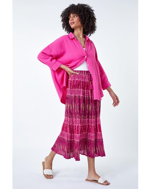 Roman Pink Crinkle Cotton Metallic Foil Midi Skirt