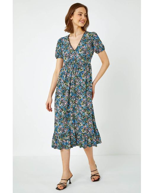 Roman Blue Ditsy Floral Lace Detail Midi Dress