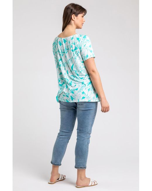 Roman Curve Blue Leaf Print Swing Tunic Top