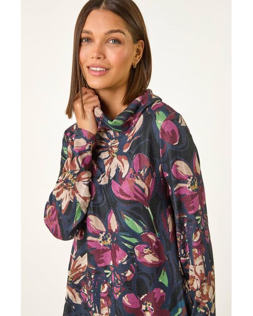 Roman Red Floral Printed Roll Neck Top