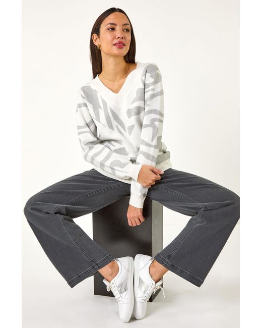 Roman White Abstract Jacquard Knit Jumper