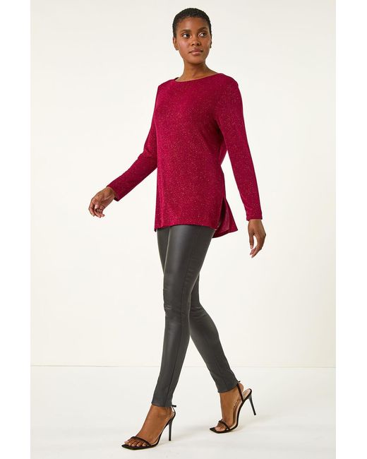 Roman Red Glitter Cowl Back Stretch Tunic Top