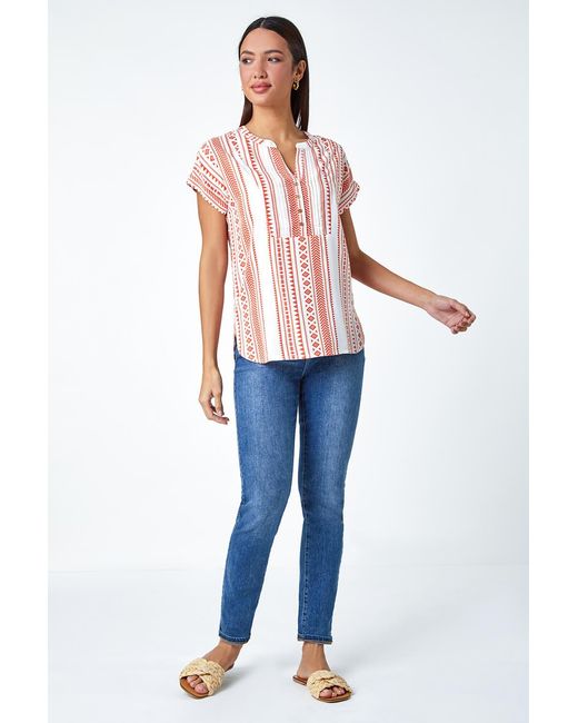 Roman White Aztec Print Button V-Neck Detail Top