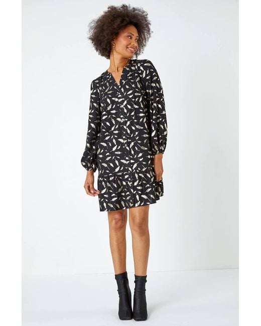D.u.s.k Black Metallic Feather Print Shirt Dress