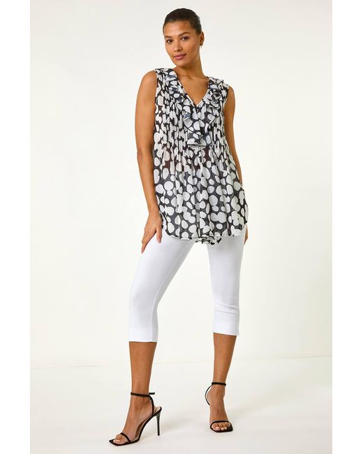 Roman White Spot Print Ruffle Front Buttoned Blouse