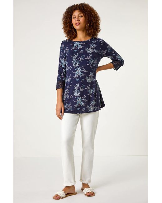 Roman Blue Floral Lace Cuff Stretch Top