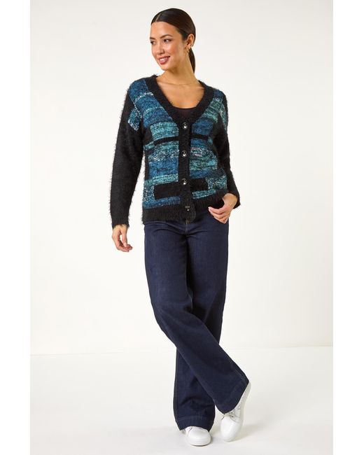 Roman Blue Colour Block Fluffy Knit Cardigan