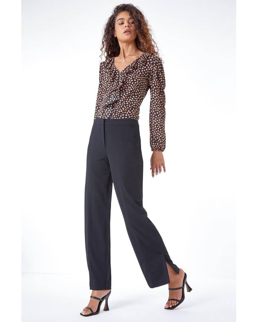 Roman Black Elastic Waist Side Split Straight Trousers