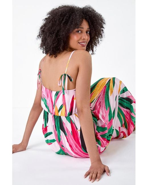 Roman Pink Tropical Leaf Tie Detail Midi Dress