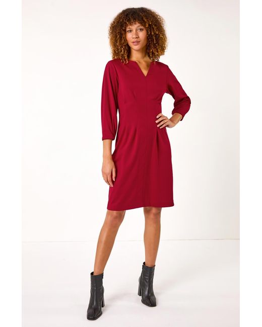 Roman Red Ponte Stretch Notch Neck Midi Dress
