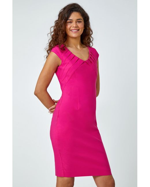 Roman Pink Sleeveless Pleat Detail Stretch Dress