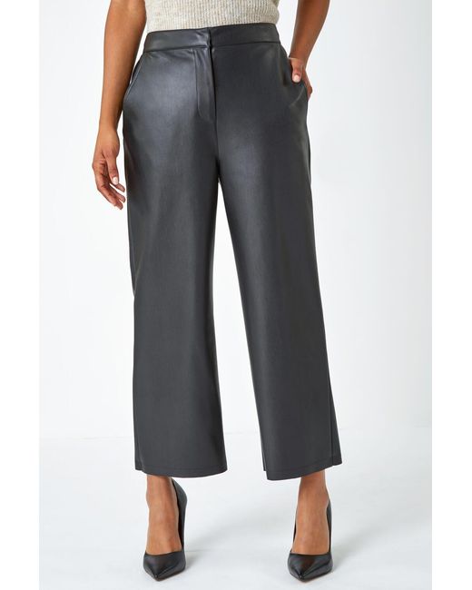 Roman Black Faux Leather Wide Leg Crop Trousers