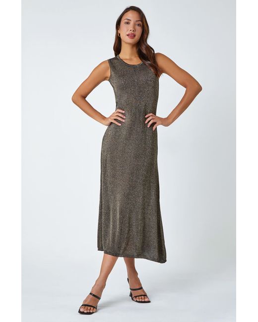 Roman Metallic Sleeveless Sparkle Knitted Midi Dress
