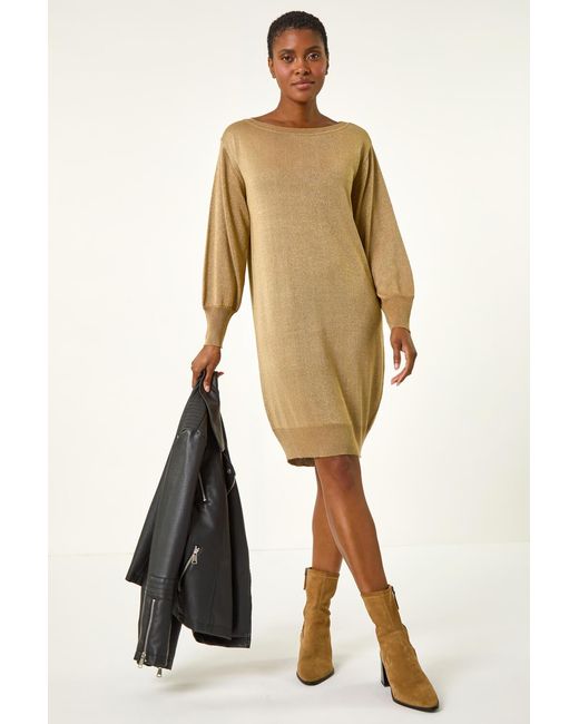 Roman Metallic Shimmer Slash Neck Jumper Dress