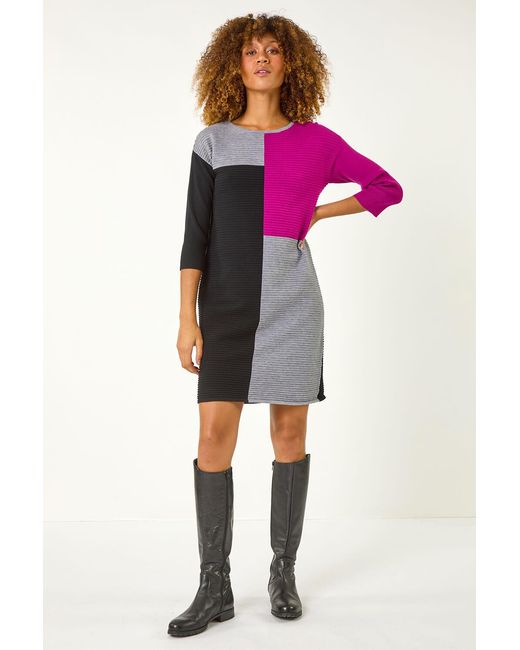 Roman Pink Colour Block Ribbed Knit Dress