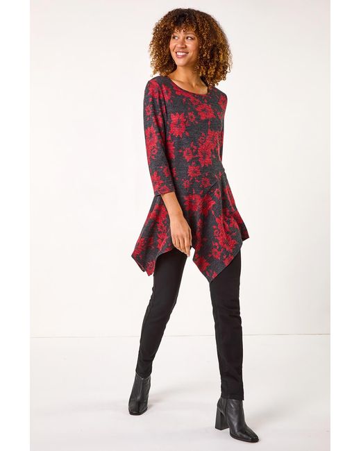 Roman Red Floral Print Hanky Hem Tunic Top