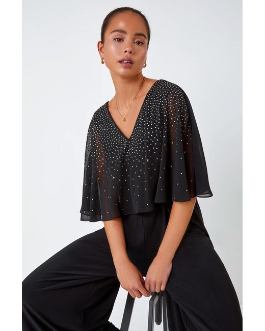 Roman Petite Black Embellished Overlay Stretch Jumpsuit