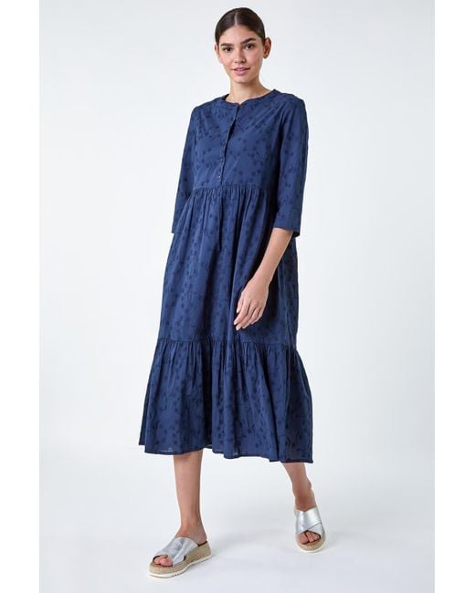 Roman Blue Embroidered Tiered Cotton Midi Dress