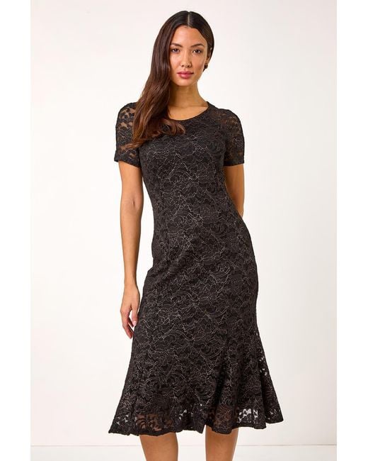 Roman Black Lace Detail Stretch Midi Dress