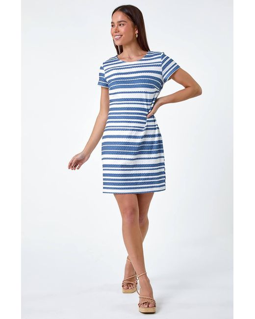 Roman Petite Blue Textured Stripe Shift Dress