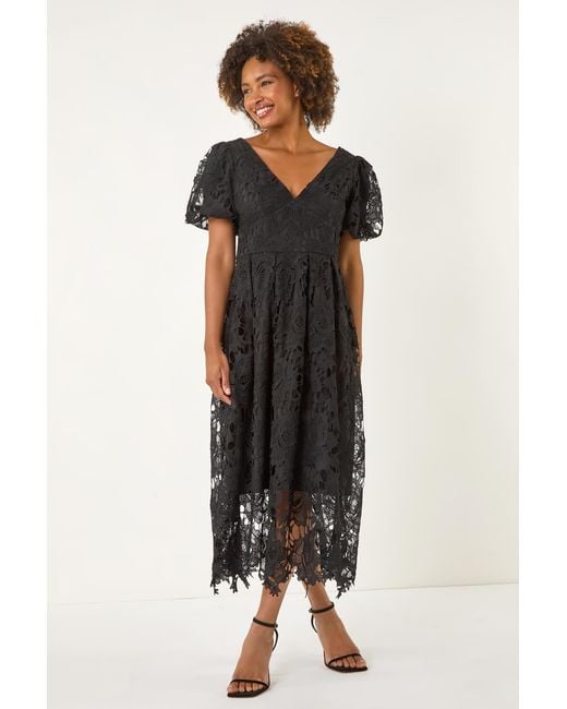 Roman Black Crochet Lace V-Neck Midi Dress