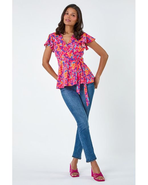 Lilly-and-Hope Red Floral Print V-Neck Frill Detail Top