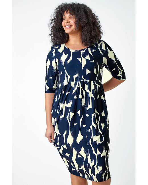 Roman Curve Blue Abstract Pocket Stretch Shift Dress