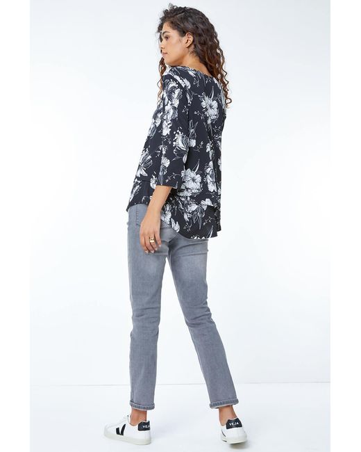 Roman Black Floral Print Double Layer Top