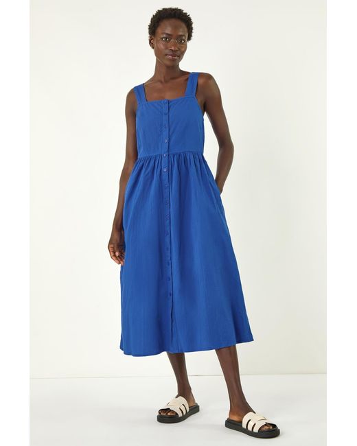 Roman Blue Seersucker Button Midi Sundress