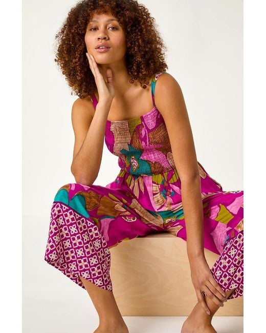 Roman Red Floral Border Ruched Jumpsuit