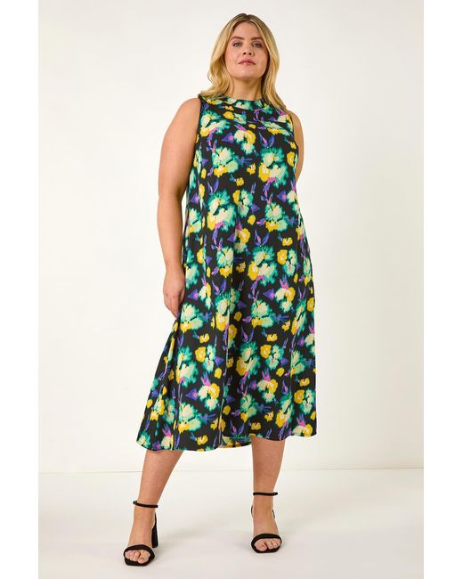 Roman Curve Green Highneck Floral Midi Dress