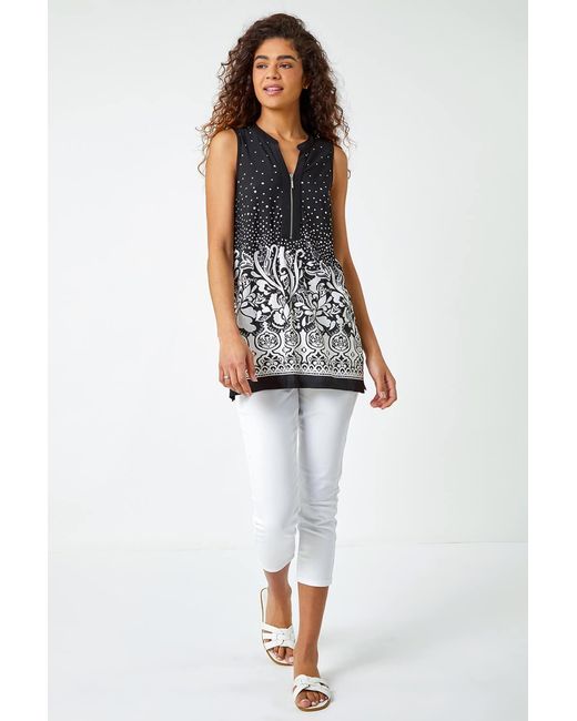 Roman White Border Print Zip Detail V-Neck Tunic Top