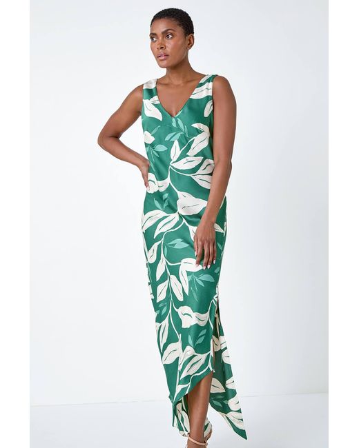 Roman Green Leaf Print Satin Bodycon Midi Dress