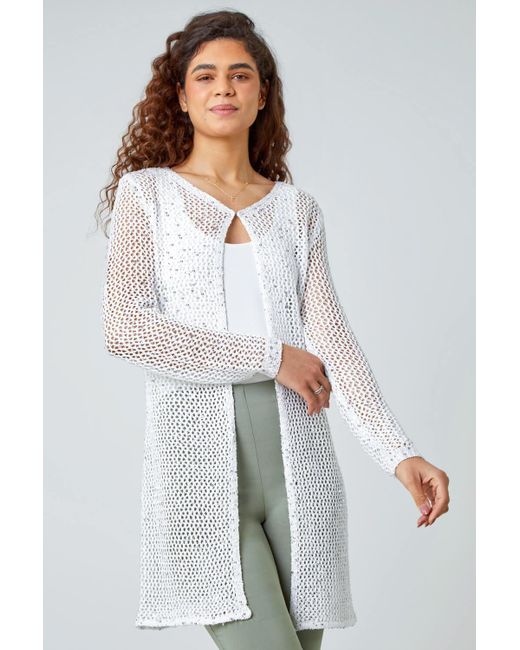Roman White Sequin Knit Longline Cardigan