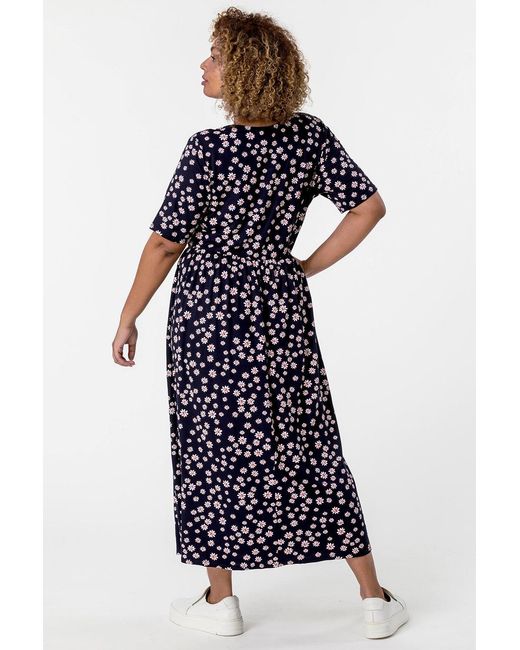 Roman Curve Blue Ditsy Floral Print Midi Dress