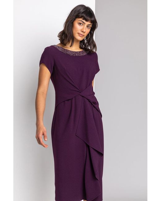 Roman Purple Embellished Twist Waist Stretch Ruched Dress