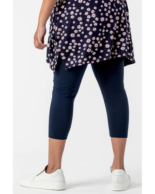 Roman Curve Blue Plain Elastic Waist Cropped Leggings
