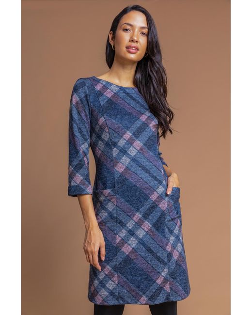 Roman Blue Check Print Pocket Shift Dress